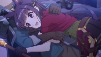 Rule 34 | 1boy, 1girl, animal ears, binoculars, black skirt, blue eyes, blue shirt, book, dog ears, gloves, hug, official art, princess connect!, shirt, skirt, yuuki (princess connect!)