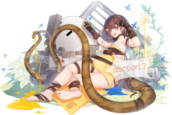 1girl 333_(pixiv8601259) absurdres arknights bandeau bare_legs barefoot black_hair black_scarf blue_eyes blue_hairband bra english_text eunectes_(arknights) feet flower gloves hairband highres lily_(flower) looking_at_viewer looking_back machine monster_girl nail_polish scarf short_hair snake_tail soles strapless tail tube_top underwear