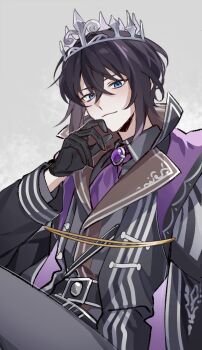 1boy allkuroha ascot belt bishounen black_belt black_coat black_gloves black_hair blue_eyes brown_trim chair chinese_commentary closed_mouth coat commentary_request cowboy_shot crossed_bangs crown gem gloves grey_background grey_jacket grey_pants hair_between_eyes hand_on_own_chin hand_up highres jacket lapels light_smile long_sleeves looking_at_viewer male_focus multiple_belts on_chair open_clothes open_coat original pants purple_ascot short_hair silver_crown sitting solo wing_collar