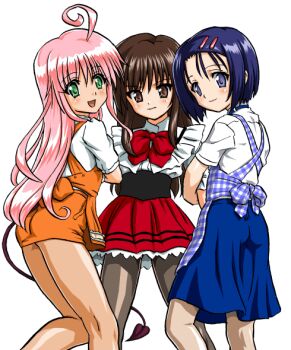 Rule 34 | 3girls, ahoge, anna miller, apron, arm hug, ass, back bow, bandabekken, blue apron, blue bow, blue eyes, blue hair, blue skirt, bow, bowtie, bronze parrot, brown eyes, brown hair, closed mouth, cummerbund, demon tail, feet out of frame, gingham apron, gingham clothes, green eyes, hair ornament, hairclip, high-waist skirt, kneepits, kobeya uniform, kotegawa yui, lala satalin deviluke, looking at viewer, looking back, microskirt, miniskirt, multiple girls, open mouth, orange apron, orange bow, orange skirt, pantyhose, parallel hairclips, pink hair, pleated skirt, red bow, red bowtie, red skirt, sairenji haruna, shirt, short hair, simple background, skirt, smile, standing, tail, to love-ru, waist apron, waitress, white background, white shirt