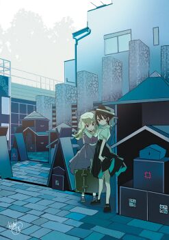 2girls absurdres black_hair black_hat black_shoes black_skirt blonde_hair box briefcase building closed_mouth collared_shirt dress fedora hair_between_eyes hashtag-only_commentary hat highres holding holding_briefcase long_dress long_hair looking_at_viewer looking_to_the_side maribel_hearn mary_janes mob_cap multiple_girls neck_ribbon outdoors purple_dress purple_eyes purple_ribbon purple_shoes railing red_eyes ribbon shirt shoes short_hair short_sleeves signature skirt standing tamagogayu1998 touhou tree usami_renko white_hat white_shirt window