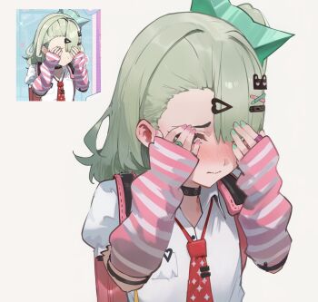 1girl aqua_nails arm_warmers bandaid bandaid_hair_ornament commentary commentary_request covering_own_eyes english_commentary green_hair grey_background hair_ornament heart heart_hair_ornament highres mixed-language_commentary multicolored_nails multiple_hair_clips necktie pink_arm_warmers pink_bag pink_nails red_necktie reference_inset shirt shuraillusts simple_background solo striped_arm_warmers sunna_(zenless_zone_zero) upper_body white_shirt zenless_zone_zero