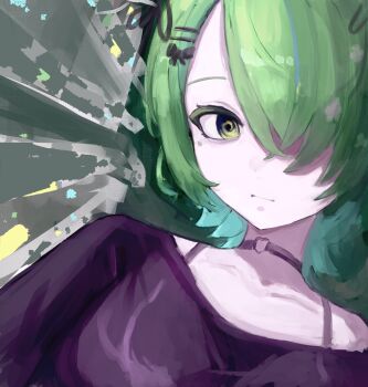 Rule 34 | 1girl, @ @, antlers, asymmetrical bangs, black choker, black shirt, ceres fauna, ceres fauna (goth), choker, commentary, expressionless, flower, gradient hair, green hair, hair flower, hair ornament, hair over one eye, hairclip, heart, heart choker, highres, hololive, hololive english, horn ornament, horn ribbon, horns, long bangs, looking at viewer, mole, mole under eye, multicolored hair, nynaceae, o-ring, o-ring choker, official alternate costume, official alternate hair length, official alternate hairstyle, portrait, ribbon, shirt, solo, t-shirt, virtual youtuber, yellow eyes