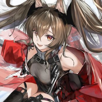 1girl :d angelina_(arknights) animal_ear_fluff animal_ears arknights arknights:_endfield bare_shoulders belt black_thighhighs breasts brown_hair coat commentary diamond-shaped_pupils diamond_(shape) dot_nose dress dutch_angle fox_ears fox_girl from_above gilberta_(arknights) grey_dress hair_between_eyes headpiece high_belt high_collar highres impossible_clothes impossible_dress koutannkoburia long_hair long_sleeves looking_at_viewer open_clothes open_coat open_mouth orange_eyes red_coat short_dress single_off_shoulder small_breasts smile solo symbol-shaped_pupils thighhighs twintails
