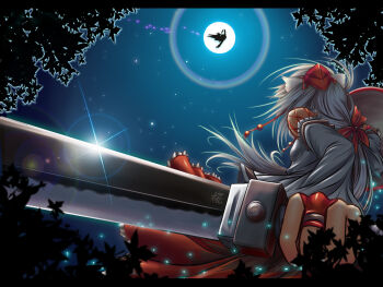 2girls animal_ears bad_id bad_pixiv_id bridal_gauntlets detached_sleeves female_focus fighting_stance foreshortening from_behind from_below full_moon hat inubashiri_momiji leaf lens_flare long_hair maple_leaf moon multiple_girls outstretched_arms rabbit_ears reisen_udongein_inaba shield shine silhouette silver_hair spread_arms suzuneko_(yume_no_kyoukai) sword tokin_hat touhou weapon wolf_ears