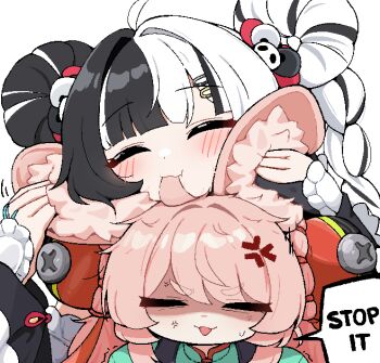 2girls ahoge anger_vein angry animal_ear_fluff animal_ears biting_hair black_hair closed_eyes closed_mouth dialyn_(zenless_zone_zero) english_text furry furry_female long_hair multicolored_hair multiple_girls open_mouth pink_hair rabbit_ears simple_background smile speech_bubble tagyeokgam two-tone_hair white_background white_hair zenless_zone_zero zhao_(zenless_zone_zero)