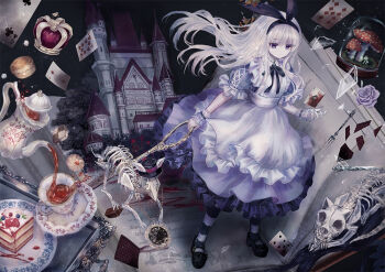 1girl alice&#039;s_adventures_in_wonderland animal_skeleton black_hairband blue_eyes blue_nails cake card castle cookie crown cup emon_(glossy_black) expressionless fly_agaric food fork glass_shards grey_hair hairband holding holding_weapon knife mushroom plate playing_card pocket_watch saucer solo striped tea teacup teapot watch weapon wrist_cuffs