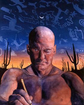 Rule 34 | 1boy, bald, blood meridian, blue eyes, blue sky, cactus, commentary, cowboy western, crescent moon, english commentary, highres, holding, holding pencil, horizon, judge holden, looking at viewer, male focus, moon, muscular, muscular male, nipples, no eyebrows, pale skin, patterned background, pencil, rob wood, shapes, sky, solo, topless male, writing