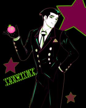 1boy black_gloves black_hair black_jacket black_pants closed_mouth collared_shirt colored_skin english_text food fruit gloves hand_in_pocket highres holding holding_food holding_fruit jacket limited_palette looking_at_viewer male_focus megadeus_mommy necktie pants roger_smith shirt short_hair signature solo star_(symbol) striped_necktie the_big_o tomato white_shirt white_skin