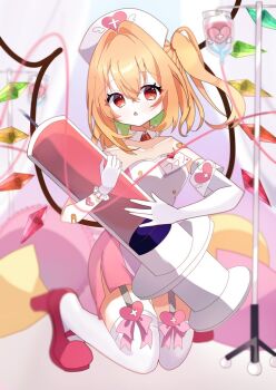 1girl alternate_costume bandaid bandaid_on_arm blonde_hair breasts collarbone crystal_wings dot_nose elbow_gloves flandre_scarlet full_body garter_belt gloves hat holding holding_syringe iris_(airisu495) kneeling large_syringe long_hair looking_at_viewer multicolored_wings nurse nurse_cap open_mouth oversized_object red_eyes red_shoes shoes side_ponytail socks solo syringe touhou white_gloves white_socks wings