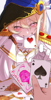 ace_(playing_card) blonde_hair card earrings genderswap genderswap_(mtf) gloves heart heart-shaped_pupils jewelry joker_(playing_card) maplestory phantom_(maplestory) pink_eyes playing_card se_tu_(55559229) symbol-shaped_pupils