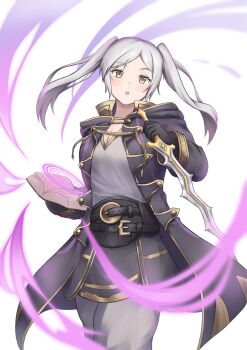 1girl :o black_robe blush book breasts cleavage commentary_request eda-cchi female_robin_(fire_emblem) fire_emblem fire_emblem_awakening gloves highres holding holding_book holding_sword holding_weapon hooded_robe levin_sword long_hair looking_at_viewer nintendo open_book open_clothes open_robe pants parted_lips robe solo standing sword twintails weapon white_hair white_pants
