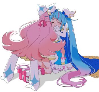 2girls ahoge arm_bow armlet back_bow bare_shoulders blue_bow blue_cape blue_corset blue_hair blue_skirt blunt_bangs boots bow bracelet braid cape closed_eyes corset crying cure_prism cure_sky dress elbow_gloves eyelashes face-to-face fingerless_gloves frilled_sleeves frills fringe_trim from_behind full_body furrowed_brow gloves gold_bracelet gradient_hair hair_bow hair_ornament hair_ribbon half_up_half_down_braid hand_in_another&#039;s_hair heart heart_hair_ornament heart_print high_heel_boots high_heels hirogaru_sky!_precure hug izumi_kirifu jewelry knee_boots kneeling large_bow long_hair loose_hair_strand magical_girl miniskirt multicolored_hair multiple_girls nijigaoka_mashiro open_mouth orange_hair pantyhose pink_hair pink_ribbon precure ribbon sad shadow shirt side_cape simple_background single_shoulder_pad skirt sora_harewataru striped_clothes striped_skirt teardrop twintails two-tone_hair vertical-striped_clothes vertical-striped_skirt very_long_hair wavy_hair white_background white_boots white_bow white_dress white_gloves white_pantyhose white_shirt wing_hair_ornament