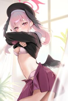 1girl absurdres black_shirt black_wings blue_archive blush bra breasts clothes_lift from_side hair_between_eyes halo head_wings highres hyurumari koharu_(blue_archive) looking_at_viewer low_wings navel open_clothes open_skirt panties pink_bra pink_hair pink_halo pink_panties pink_skirt shirt shirt_lift skirt small_breasts solo twintails underwear undressing wings