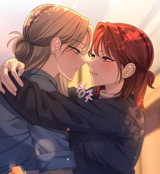 2girls blonde_hair blush distorted_love hyuna_shin light_smile long_hair medium_hair multiple_girls nami_lee prison_clothes red_hair tattoo