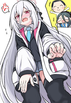 1boy 2girls anger_vein aris_(blue_archive) black_hair black_hairband black_thighhighs blue_archive blue_necktie blush doodle_sensei_(blue_archive) embarrassed from_below hair_between_eyes hairband halo highres jacket kei_(blue_archive) kei_(new_body)_(blue_archive) loli long_hair long_hair_between_eyes multicolored_jacket multiple_girls necktie open_mouth panties pantyshot pink_halo rectangular_halo red_eyes ringed_eyes sensei_(blue_archive) shirt spoken_anger_vein thighhighs two-tone_jacket underwear upskirt very_long_hair white_hair white_jacket white_panties white_shirt yuu_kurema zettai_ryouiki