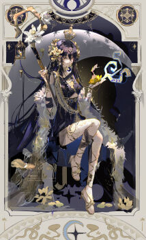 1girl absurdly_long_hair absurdres armor black_background black_hair blue_hair cage cape card chinese_commentary choker collar commentary_request crescent_moon crown cuff_links dongsen_xuntu dress earrings feathers flower flower_hairband full_body gauze gladiator_sandals highres holding holding_flower holding_weapon japanese_armor jewelry legs long_hair looking_to_the_side lotus mage_staff moon multicolored_hair original pillar pink_hair purple_hair robe sandals see-through_clothes see-through_dress shoulder_armor silk sitting skinny sleeve_cuffs snake sode solo sparkle staff star_(symbol) thigh_strap very_long_hair wand weapon white_flower yellow_eyes