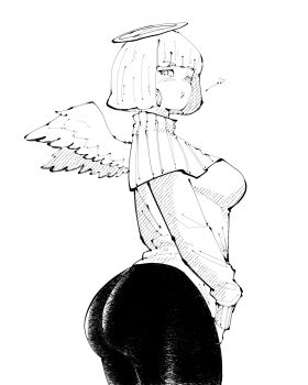 1girl angel angel_wings ass breasts closed_mouth commentary cowboy_shot english_commentary feathered_wings from_side greyscale halo hatching_(texture) heart highres jujutsu_kaisen kurusu_hana large_breasts linear_hatching long_sleeves looking_at_viewer miregeist monochrome pants puckered_lips short_hair simple_background solo sweater tight_clothes tight_pants traditional_halo white_background wings