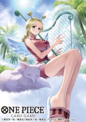 Rule 34 | 1girl, animal, antenna hair, belt, braid, commentary request, conis (one piece), copyright name, dress, fox, from below, green eyes, harp, highres, holding, holding harp, holding instrument, instrument, koushi rokushiro, looking at viewer, official art, one piece, palm tree, pink dress, sandals, short dress, sitting, sky, smile, su (one piece), sunset, tree, turtleneck, turtleneck dress, twin braids, white wings, wings