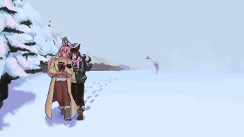 3girls absurdres agnes_digital_(umamusume) ahoge animal_ears arm_hug blush boots brown_hair closed_eyes closed_mouth coat commentary couple cup day disposable_cup english_commentary footprints full_body fur-trimmed_boots fur_trim hair_between_eyes hair_over_one_eye hand_on_another's_arm highres holding holding_cup horse_ears huge_ahoge jacket long_hair mihono_bourbon_(umamusume) mistletoe multiple_girls nose_blush open_clothes open_coat open_jacket outdoors pants phgiac pink_hair rice_shower_(casual)_(umamusume) rice_shower_(umamusume) running side-by-side smile sweater umamusume v-shaped_eyebrows very_long_hair walking winter winter_clothes winter_coat yuri