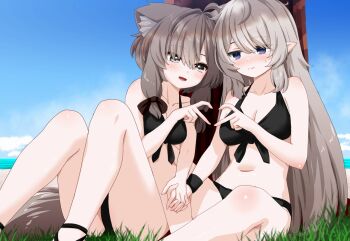 2girls :d against_tree ahoge animal_ear_fluff animal_ears antenna_hair averting_eyes bare_arms bare_legs bare_shoulders beach bikini black_bikini black_bow black_shoes blue_eyes blue_sky blush bow breasts brown_hair cleavage closed_mouth cloud cloudy_sky collarbone couple day elf embarrassed eyes_visible_through_hair fang feet_out_of_frame fox_ears fox_girl fox_tail front-tie_bikini_top front-tie_top grass grey_eyes grey_hair hair_between_eyes hair_bow hair_intakes halterneck heart heart_hands heart_hands_duo holding_hands horizon interlocked_fingers knees_up large_breasts long_hair looking_at_another mafuyu_(vrchat) medium_breasts medium_hair multiple_girls navel nervous nervous_smile nose_blush ocean on_grass on_ground open_mouth outdoors palm_tree platinum_(vrchat) pointy_ears shoes short_hair short_hair_with_long_locks shy sidelocks sitting skin_fang sky small_breasts smile stomach suzuki-shi sweat sweatdrop swimsuit tail thighs tree under_tree very_long_hair vrchat water wavy_mouth wolf_ears wolf_girl wolf_tail wristband yuri