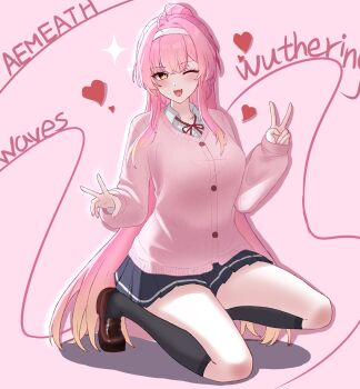 1girl aemeath_(wuthering_waves) black_skirt black_socks blush breasts brown_shoes character_name chinese_commentary colored_tips commentary_request copyright_name double_v fu_ai_er_sama hairband heart highres loafers long_hair long_sleeves looking_at_viewer medium_breasts multicolored_hair one_eye_closed open_mouth pink_background pink_hair pink_sweater pleated_skirt ponytail shoes skirt smile socks solo squatting star-shaped_pupils star_(symbol) sweater symbol-shaped_pupils v very_long_hair white_hairband wuthering_waves