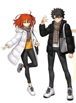 Rule 34 | 1boy, 1girl, ahoge, bag, black bag, black hair, black jacket, black pants, black socks, blue eyes, brown scarf, buttons, clenched hand, closed mouth, command spell, crossed bangs, down jacket, fate/grand order, fate (series), fujimaru ritsuka (female), fujimaru ritsuka (female) (winter casual), fujimaru ritsuka (male), fujimaru ritsuka (male) (winter casual), full body, fur-trimmed jacket, fur trim, grey bag, hair between eyes, hair ornament, hand up, holding, holding bag, jacket, lapels, long sleeves, looking at another, non-web source, official alternate costume, official art, open clothes, open jacket, pants, plaid clothes, plaid scarf, puffy long sleeves, puffy sleeves, scarf, shoes, short hair, side ponytail, simple background, smile, sneakers, socks, standing, standing on one leg, sweater, transparent background, white jacket, white shoes, white sweater, yellow eyes, yellow sweater
