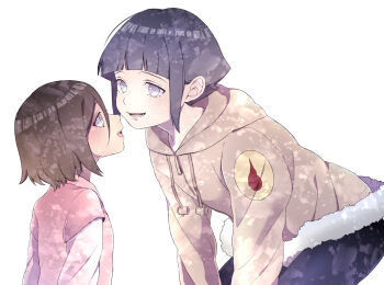 2girls alternate_hair_length alternate_hairstyle bent_over black_hair child commentary_request highres hyuuga_hanabi hyuuga_hinata multiple_girls naruto_(classic) naruto_(series) open_mouth purple_eyes short_hair siblings sidelocks sisters smile toco_(love-hmhm-tocotoco)