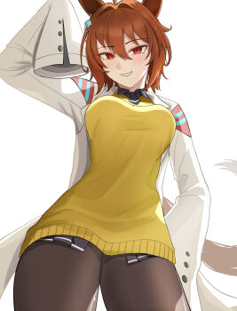 1girl absurdres agnes_tachyon_(tach-nology)_(umamusume) agnes_tachyon_(umamusume) ahoge alolekbone animal_ears black_necktie black_pantyhose blush breasts brown_hair chemical_structure coat earrings hair_between_eyes highres horse_ears horse_girl horse_tail jewelry lab_coat long_sleeves looking_at_viewer medium_breasts necktie open_mouth pantyhose red_eyes short_hair short_necktie simple_background single_earring sleeves_past_fingers sleeves_past_wrists smile solo sweater sweater_vest tail teeth umamusume white_background white_coat yellow_sweater yellow_sweater_vest