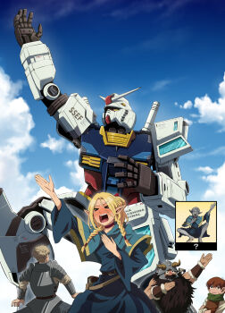 absurdres arm_up armor beard belt blonde_hair blush bow braid brown_eyes capelet chilchuck_tims closed_eyes cloud commentary_request crossed_arms cuirass dungeon_meshi facial_hair fujitaka_nasu fur_trim gundam hair_bow helmet highres horns jitome laios_touden marcille_donato mecha open_mouth outstretched_arm pauldrons pointy_ears red_bow reference_inset robot rx-78-2_gundam scene_reference screaming senshi_(dungeon_meshi) shoulder_armor sitting sky tassets twin_braids