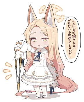 1girl animal_ear_fluff animal_ears bikini blonde_hair blue_archive blush bow chibi chibi_only cross_halo detached_sleeves dress ear_wreath forehead fox_ears fox_girl fox_tail halo highres holding holding_swimsuit holding_unworn_clothes long_hair long_sleeves looking_at_viewer open_mouth pantyhose pinstripe_pantyhose romu851170 seia_(blue_archive) simple_background sleeves_past_fingers sleeves_past_wrists small_sweatdrop solo swimsuit tail tail_bow tail_ornament unworn_swimsuit white_background white_dress white_pantyhose yellow_bikini yellow_eyes yellow_halo