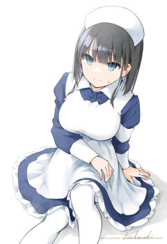 1girl akagi_ikumi apron artist_name black_hair blue_dress blue_eyes blush breasts collared_dress dress hat highres juliet_sleeves large_breasts long_sleeves looking_at_viewer natsushi nurse nurse_cap pantyhose puffy_sleeves seishun_buta_yarou shirt short_hair sitting smile solo white_apron white_background white_pantyhose