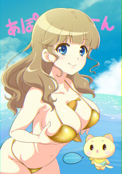 1girl :3 :d alternate_breast_size_(larger) animal_nose between_breasts bikini black_eyes blonde_hair blue_eyes blue_sky blush_stickers breasts cloud commentary_request cowboy_shot creature ear_piercing grabbing_own_breast highres large_breasts leaning_forward legs_together light_blush long_hair looking_at_another mewkledreamy navel open_mouth outdoors peko_(mewkledreamy) piercing satake_amika sky smile speech_bubble standing star_(symbol) star_in_eye swimsuit symbol_in_eye translated tsukishima_maira twitter_username wavy_hair wavy_sidelocks yellow_bikini