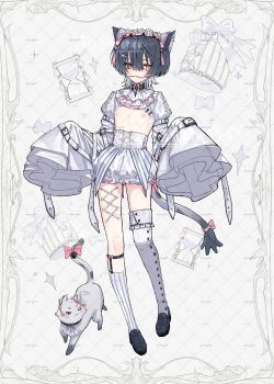 1boy absurdres animal_ears asymmetrical_legwear baozhusuhaizhendeyao belt birdcage bow cage cat cat_ears chinese_commentary choker collar commentary_request corset_piercing crossdressing crossdressing_(mtf) frilled_collar frilled_headwear frills full_body gradient_hair grey_hair hair_between_eyes hair_ornament hairclip hand_tail high-waist_bottom highres hourglass juliet_sleeves legwear_garter loafers long_sleeves maid_headdress male_focus multicolored_hair nipples no_shirt original pink_eyes puffy_sleeves ribbon sample_watermark shoes shrug_(clothing) sleeve_belt sleeves_past_fingers sleeves_past_wrists socks solo strap striped_clothes striped_socks tail thighhighs vertical-striped_clothes vertical-striped_socks watermark white_shrug white_socks wolf_cut