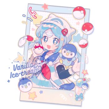 Rule 34 | 1girl, :d, artist name, black sleeves, blue dress, blue eyes, blue hair, blue sailor collar, blush stickers, commentary, detached sleeves, dot nose, dress, fanqiealxe, gen 4 pokemon, hat, highres, holding, holding poke ball, long hair, long sleeves, looking at viewer, low twintails, neckerchief, nintendo, open mouth, parted bangs, piplup, poke ball, poke ball (basic), pokemon, pokemon (creature), red neckerchief, sailor collar, sidelocks, sleeveless, sleeveless dress, smile, striped clothes, striped dress, symbol-only commentary, twintails, two-tone neckerchief, upper body, vocaloid, watermark, white hat, white neckerchief