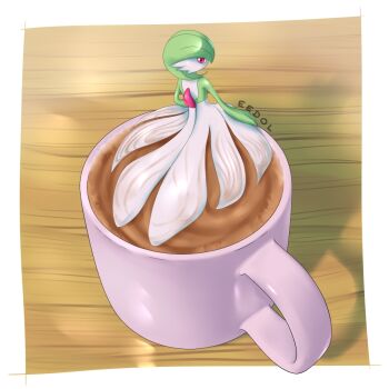 1girl artist_name back bob_cut border coffee_mug colored_skin cup eedol female_focus food food_focus from_behind gardevoir gen_3_pokemon green_hair green_skin hair_over_one_eye in_food looking_at_viewer looking_back mini_person minigirl mug multicolored_skin nintendo one_eye_covered pokemon pokemon_(creature) red_eyes short_hair signature solo two-tone_skin white_border white_skin