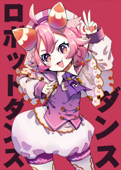 Rule 34 | 1girl, :3, :d, ahoge, ascot, blush, contrapposto, fang, female focus, fingernails, hand up, hat, horns, long sleeves, looking at viewer, nail polish, nijisanji, open mouth, orange eyes, pink hair, pink nails, puffy shorts, purple ascot, purple vest, red background, sakurai energy, short hair, shorts, smile, solo, standing, ushimi ichigo, vest, virtual youtuber, w