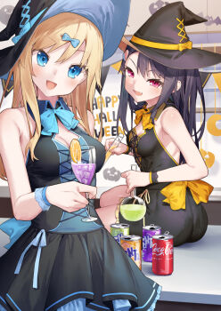 2girls :d bare_shoulders black_dress black_hair black_hat blonde_hair blue_bow blue_bowtie blue_eyes blue_hat blush bow bowtie breasts can cleavage commentary_request cup dress drink_can drinking_glass fang flask frilled_dress frills hair_bow halloween happy_halloween hat hat_bow holding holding_cup holding_flask long_hair looking_at_viewer medium_breasts multiple_girls open_mouth original pink_eyes round-bottom_flask sleeveless sleeveless_dress small_breasts smile soda_can tokuno_yuika witch_hat yellow_bow yellow_bowtie