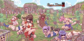 absurdres armor arms_behind_back arms_up bdsm bikini_armor blindfold blood bondage bound cage captured chain chained closed_eyes corpse crying crying_with_eyes_open death decapitation defeat distressed dragged dragging eternal_dread evil_grin evil_smile execution gagged game_over goblin grin guangmi guro hanged highres imminent_death kneeling lineup midriff public_execution restrained sad saint_andrew&#039;s_cross skirt slave smile spoils suspension tank_top tears torn_clothes torture tortured_to_death warrior worried