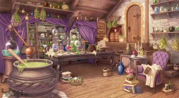 absurdly_detailed_composition artist_name barrel bookshelf bottle bucket cabinet candle candlestand cauldron chair cup desk door flower garutaisa herb indoors ladder loaded_interior mushroom no_humans original pestle potion scenery scroll skull stairs watermark wax wooden_floor