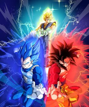 absurdres arm_blade blue_eyes blue_hair blue_sash boots dougi dragon_ball dragon_ball_gt earrings full_body gloves highres jewelry kazumax76 male_focus monkey_tail muscular muscular_male pants potara_earrings sash shirt smirk son_goku spiked_hair super_saiyan super_saiyan_1 super_saiyan_4 super_saiyan_blue super_saiyan_blue_evolved tail vegeta vegetto weapon