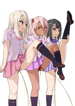 3girls black_hair brown_eyes peeing chloe_von_einzbern fate/kaleid_liner_prisma_illya fate_(series) happy illyasviel_von_einzbern leg_lift loli lunalu9 miyu_edelfelt multiple_girls panties peeing peeing_self peeing_together pink_hair purposeful_wetting red_eyes school_uniform standing underwear upskirt wet wet_clothes wet_panties white_hair