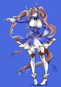 absurdres animal_ears blue_background boots brown_hair center_frills daiwa_scarlet_(umamusume) epaulettes fang framed_breasts frills full_body hair_intakes high_heel_boots high_heels highres horse_ears horse_girl pointing pointing_to_the_side red_eyes ringring_(artist) signature standing thighhighs tiara twintails umamusume
