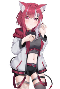 1girl absurdres animal_ear_fluff animal_ears asymmetrical_legwear belly belt blush blush_stickers cat_ears cat_girl commission fishnet_thighhighs fishnets hair_ornament hairclip highres knee_up knees_up looking_at_viewer lyko_lianna navel pants pink_eyes pink_hair reqware short_hair shorts simple_background solo tail thighhighs v4mirai virtual_youtuber white_background