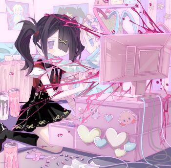 2girls ame-chan_(needy_girl_overdose) bed black_hair black_ribbon black_skirt black_socks blonde_hair blood blue_bow blue_eyes blue_hair blue_shirt bow boxcutter cable can chinese_commentary chouzetsusaikawa_tenshi-chan collared_shirt commentary_request cuts drawer dual_persona energy_drink hair_bow hair_ornament hair_over_one_eye hair_tie hairclip heart highres indoors injury jirai_kei kirby kirby_(series) long_sleeves medicine_bottle monitor monster_energy multicolored_hair multiple_girls neck_ribbon needy_girl_overdose nintendo norisakana on_floor open_drawer pastel_colors pill pillow pink_blood pink_bow pink_hair poster_(object) purple_bow quad_tails red_shirt ribbon self-harm self-harm_scar shirt shirt_tucked_in sitting skirt socks star_(symbol) sticker stuffed_animal stuffed_toy suspender_skirt suspenders through_medium through_screen twintails wrist_cutting x_hair_ornament yami_kawaii