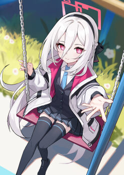 1girl absurdres amamiyayk black_hairband black_shirt black_shoes black_skirt blue_archive blue_necktie blue_trim bow bright_pupils buttons chain closed_mouth collared_shirt commentary day english_commentary grass hair_between_eyes hair_bow hairband halo highres jacket jewelry kei_(blue_archive) kei_(new_body)_(blue_archive) legs long_hair long_hair_between_eyes looking_at_viewer miniskirt necktie offering_hand on_swing open_clothes open_jacket outdoors outstretched_arm pink_eyes pink_halo pleated_skirt rectangular_halo ring ringed_eyes shirt shoes sidelocks sitting skirt smile solo swing thighs two-sided_fabric two-sided_jacket very_long_hair white_hair white_jacket white_pupils white_shirt wing_collar