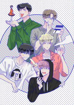 1girl 5boys absurdres angry banana black_hair black_hoodie blonde_hair blue_eyes brown_hair chibi cigarette closed_eyes dress food fruit fukuhara_tamon glasses green_eyes green_shirt hand_on_own_hip hand_up highres hood hoodie ishibashi_natsuki jacket kai_rintarou kinoshita_utage long_hair long_sleeves looking_at_viewer mirror multiple_boys mushroom_on_head official_art open_clothes open_jacket open_mouth orange_dress orange_jacket pink_hair polka_dot polka_dot_background sakaguchi_ouri scared shirt smile smoke smoking socks sweat tachibana_keito tamon-kun_ima_docchi!? white_background white_shirt white_socks