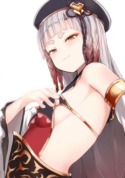 1girl animal_ears backless_outfit bareback beret blunt_bangs braid breasts brown_eyes detached_sleeves erune female_focus fox_ears fox_tail from_side granblue_fantasy hair_ornament hat highres hikimayu long_hair looking_at_viewer medium_breasts nosuku pholia side_braids sideboob silver_hair simple_background small_breasts smile smug solo tail thick_eyebrows