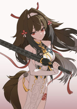 Rule 34 | 1girl, absurdres, animal ear fluff, animal ears, armlet, bare shoulders, breasts, brown hair, brown tail, china dress, chinese clothes, closed mouth, clover, clover hair ornament, collarbone, commentary, cowboy shot, dress, droopy ears, floating hair, gan xing naobing, gradient background, hair ornament, hairband, highres, holding, holding sword, holding weapon, jewelry, leg tattoo, long hair, medium breasts, pelvic curtain, red eyes, silver armlet, smile, solo, sword, tail, tattoo, very long hair, weapon, white dress, white hairband, ye shunguang, zenless zone zero