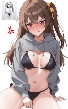 Rule 34 | 1girl, absurdres, anger vein, bikini, black bikini, blush, breasts, brown hair, drawstring, embarrassed, grey shrug, hair ribbon, highres, hooded shrug, iris angel12xii, medium breasts, navel, nose blush, one side up, original, photo inset, red eyes, ribbon, shrug (clothing), side-tie bikini bottom, simple background, sitting, solo, swimsuit, white background